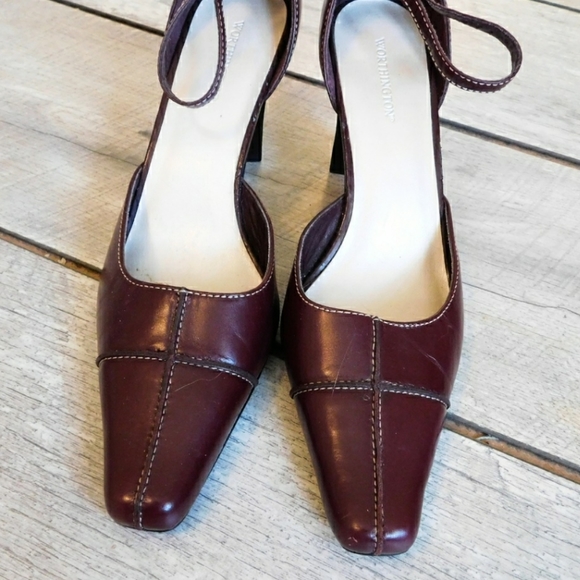 WORTHINGTON SZ 7.5 WINE LEATHER STAPPY HEEL PUMPS - Picture 5 of 7